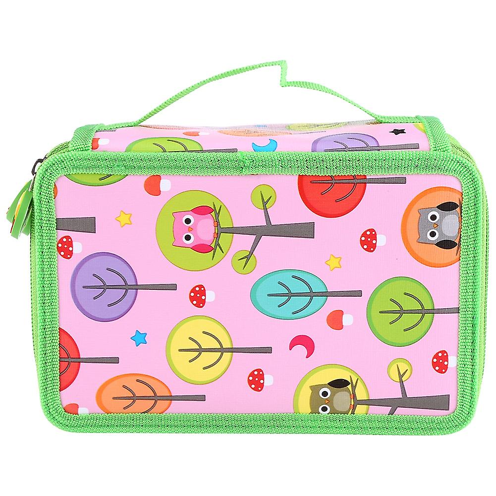 Multi-layers Pencil Case Cute Owl Tree Colorful Pencil Holder (pink)