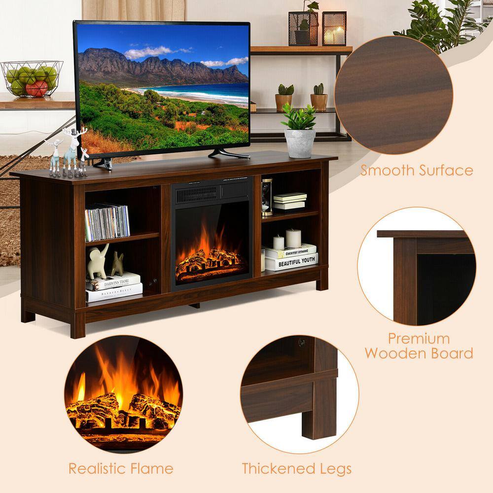 Gymax 58 in. Fireplace TV Stand with 18 in. 1500-Watt Electric Fireplace 65 in. Walnut (2-Tier) GYM06593