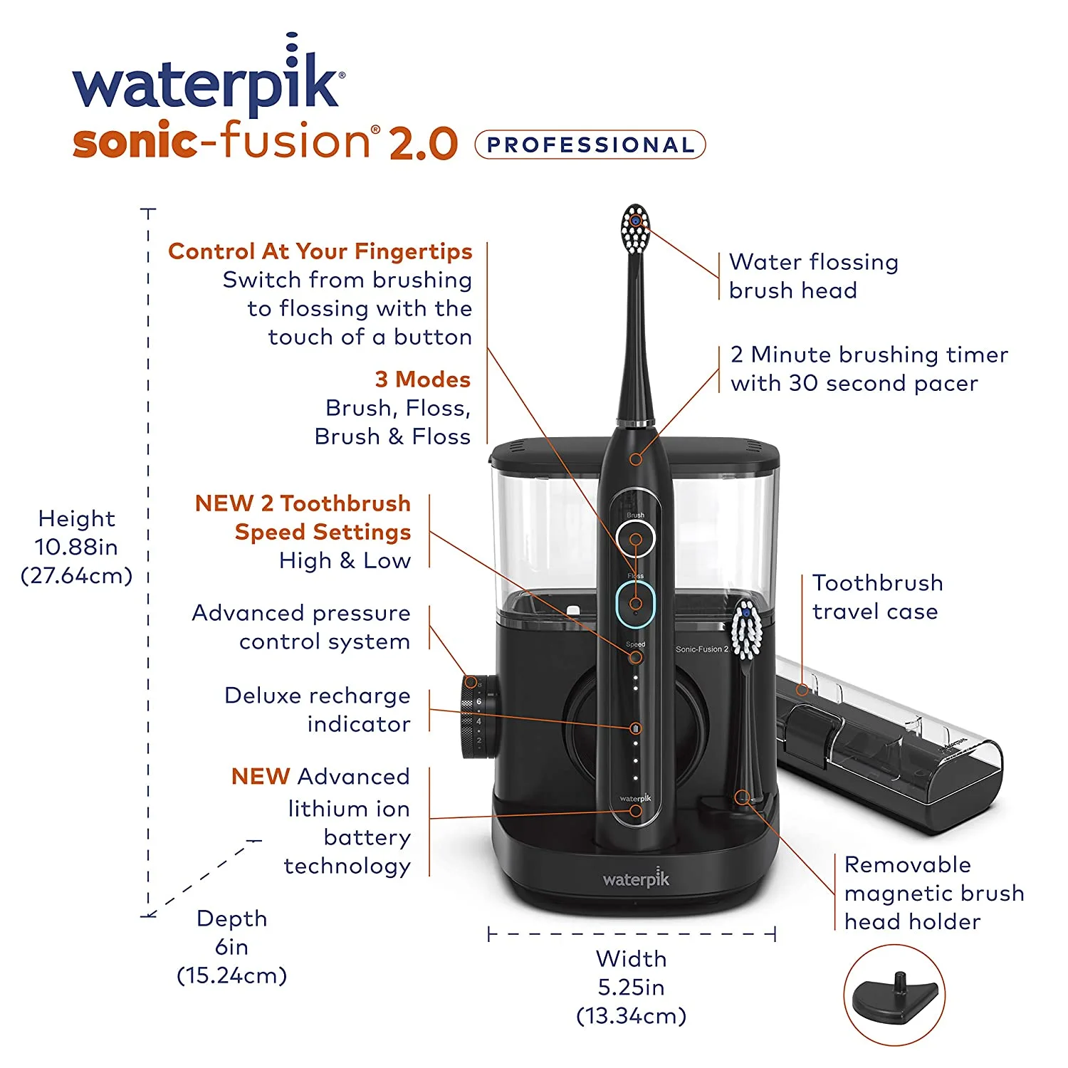 Waterpik Sonic-Fusion 2.0 Professional Flossing Toothbrush  Electric Toothbrush and Water Flosser Combo In One  Black