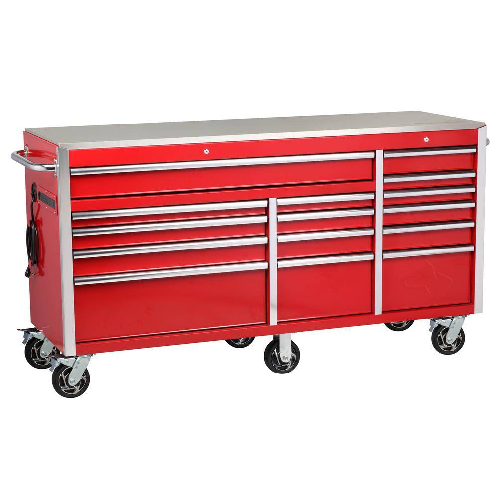 Husky 72 in. W x 24 in. D Heavy Duty 15-Drawer Mobile Workbench Cabinet with Stainless Steel Top in Gloss Red H72MWC15RDL