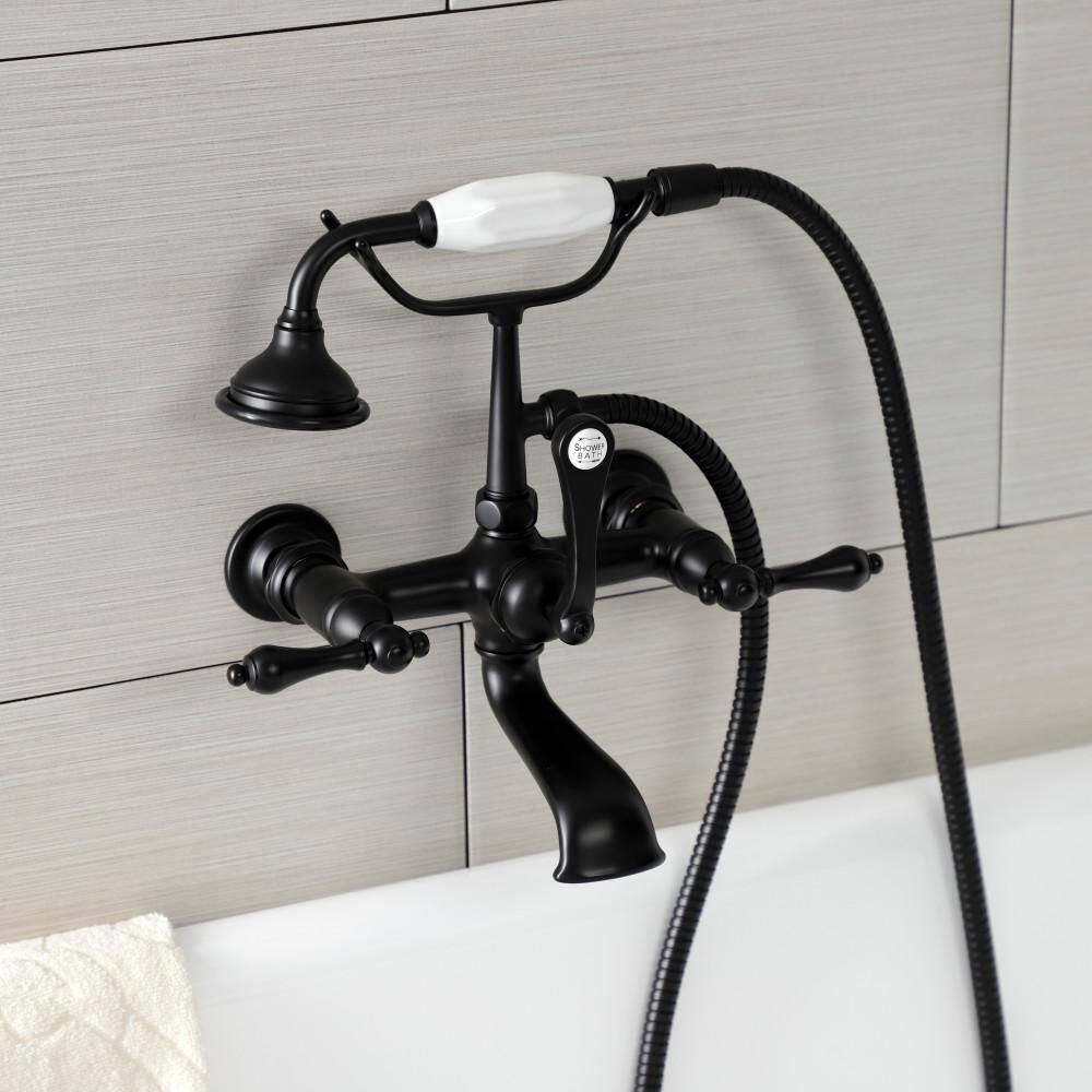 Kingston Brass Aqua Vintage 3-Handle Wall-Mount Clawfoot Tub Faucets with Hand Shower in Matte Black HAE551T0