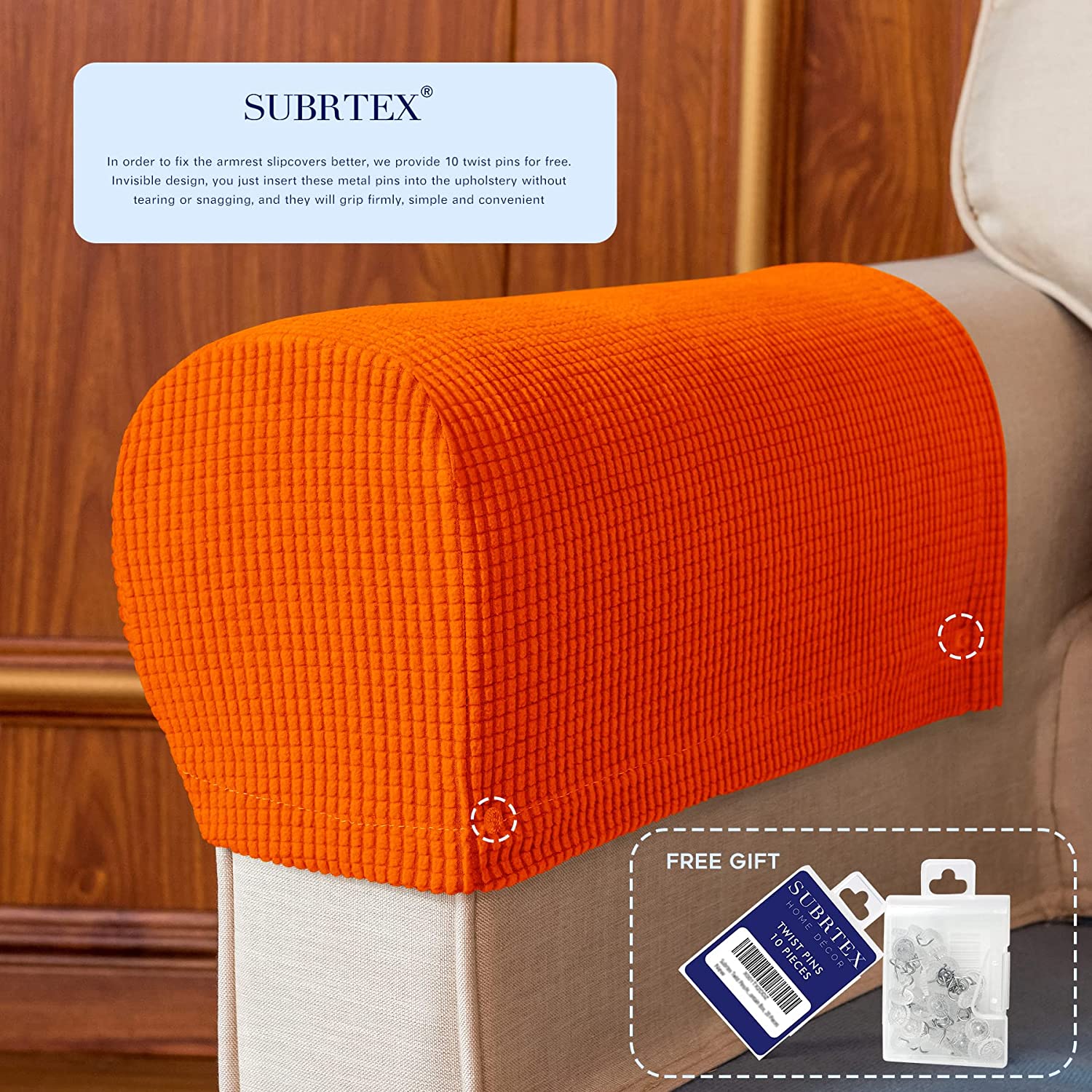 Subrtex Spandex Stretch Fabric Armrest Covers Anti-Slip Furniture Protector Armchair Slipcovers for Recliner Sofa Set of 2(Orange)