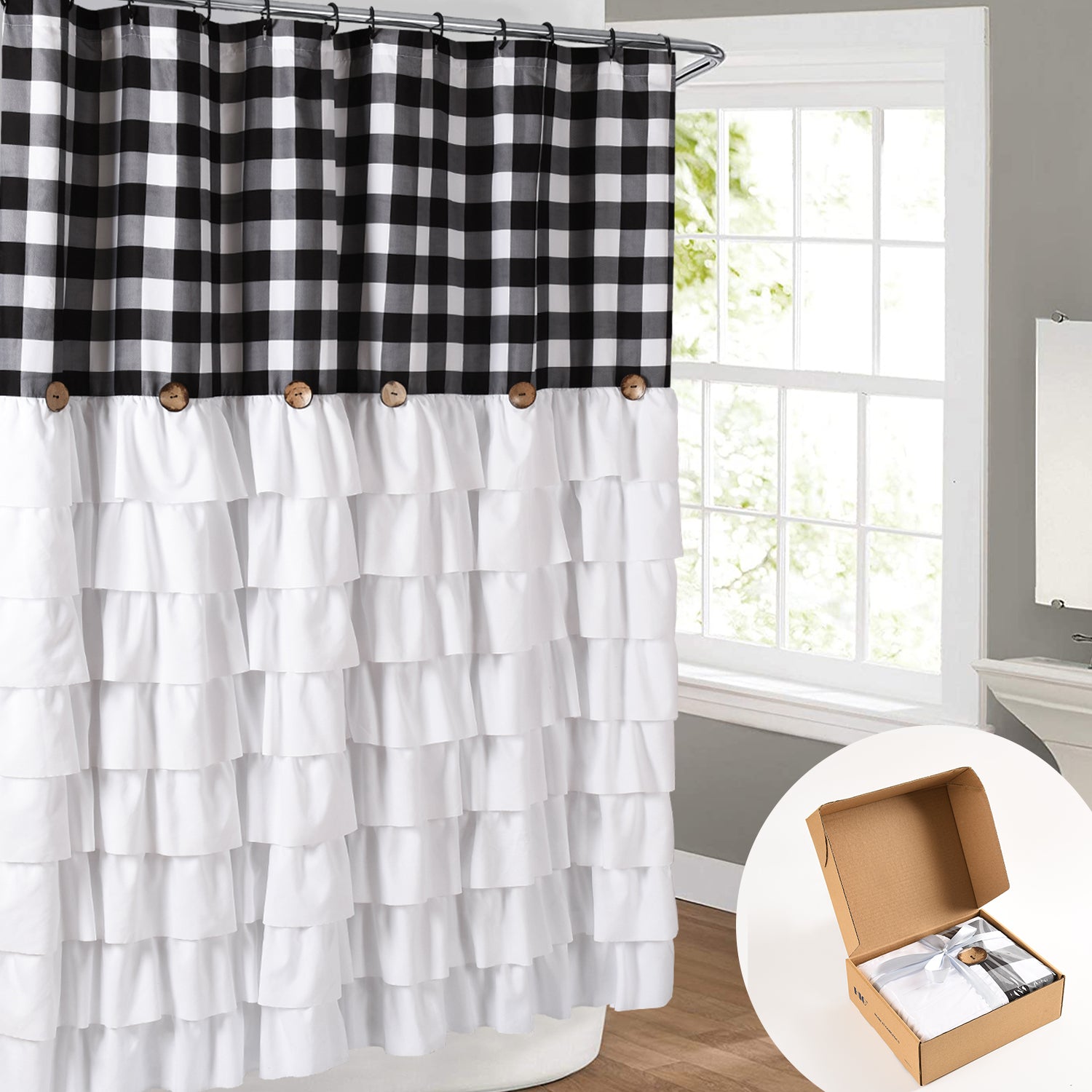 Chic Ruffled Shower Curtain with Black and White Buffalo Plaid, Boho Microfiber Bathtub Curtain with Natural Coconut Buttons, 72 x 72