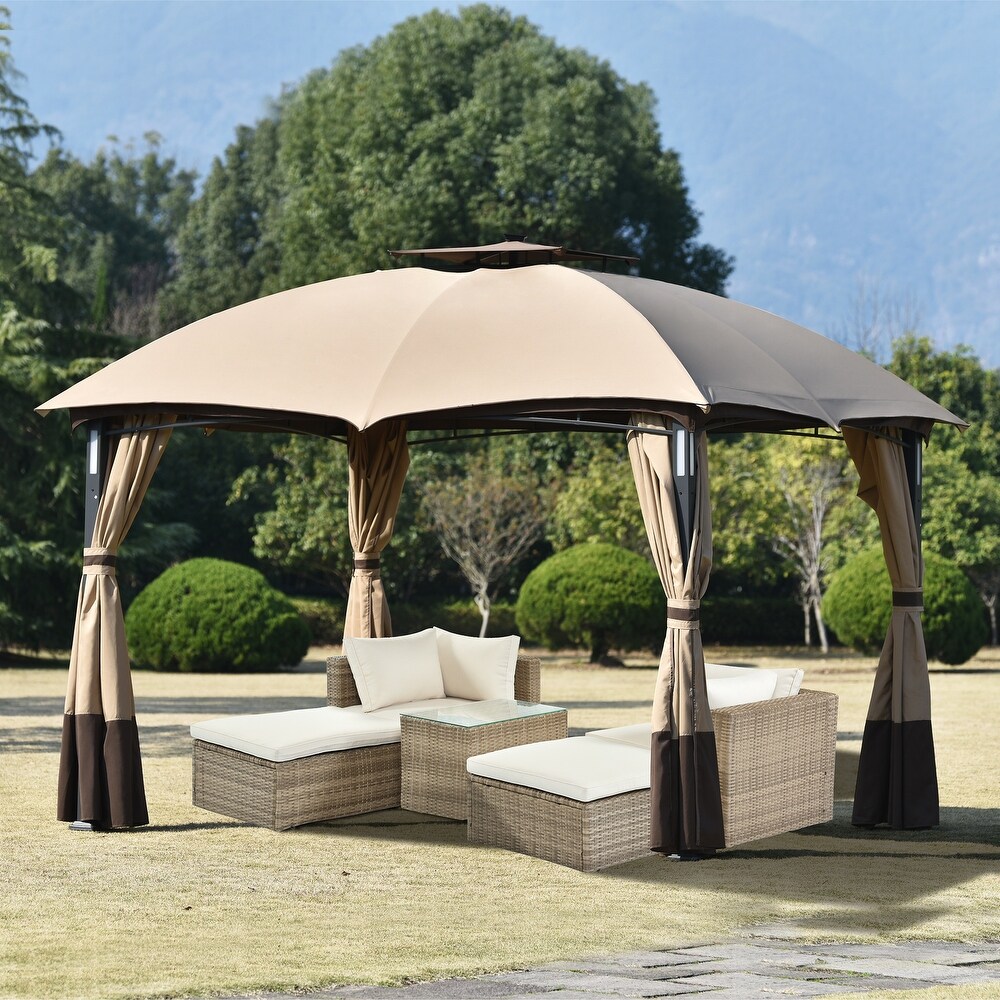 10ft * 12ft Double Vent Gazebo with Metal Frame Rectangular Canopy with Screen and LED Lights for Backyard and Poolside