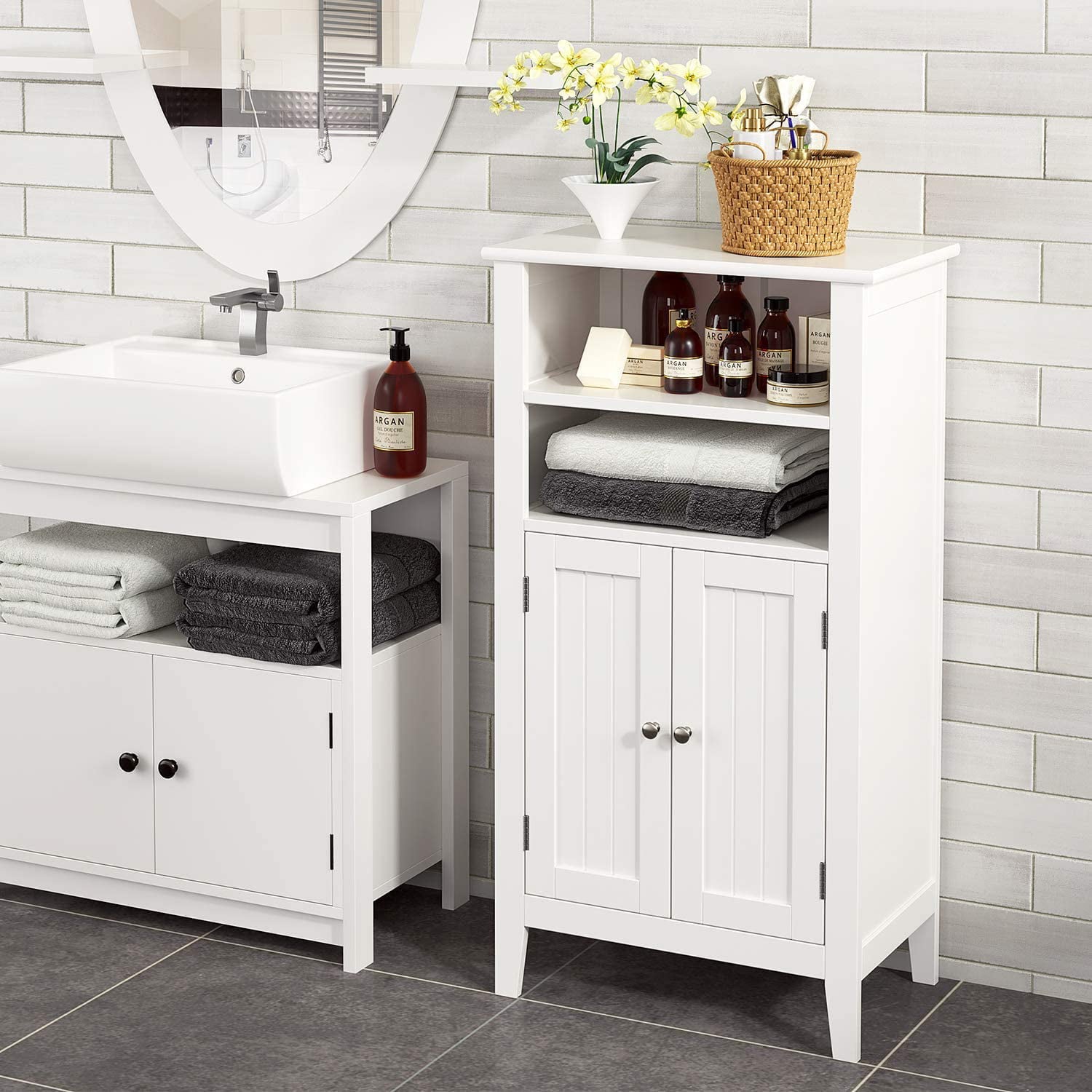 Homfa 2 Tier Shelves Bathroom Storage Cabinet, Wood Storage Floor Cabinet with 2 Doors, White