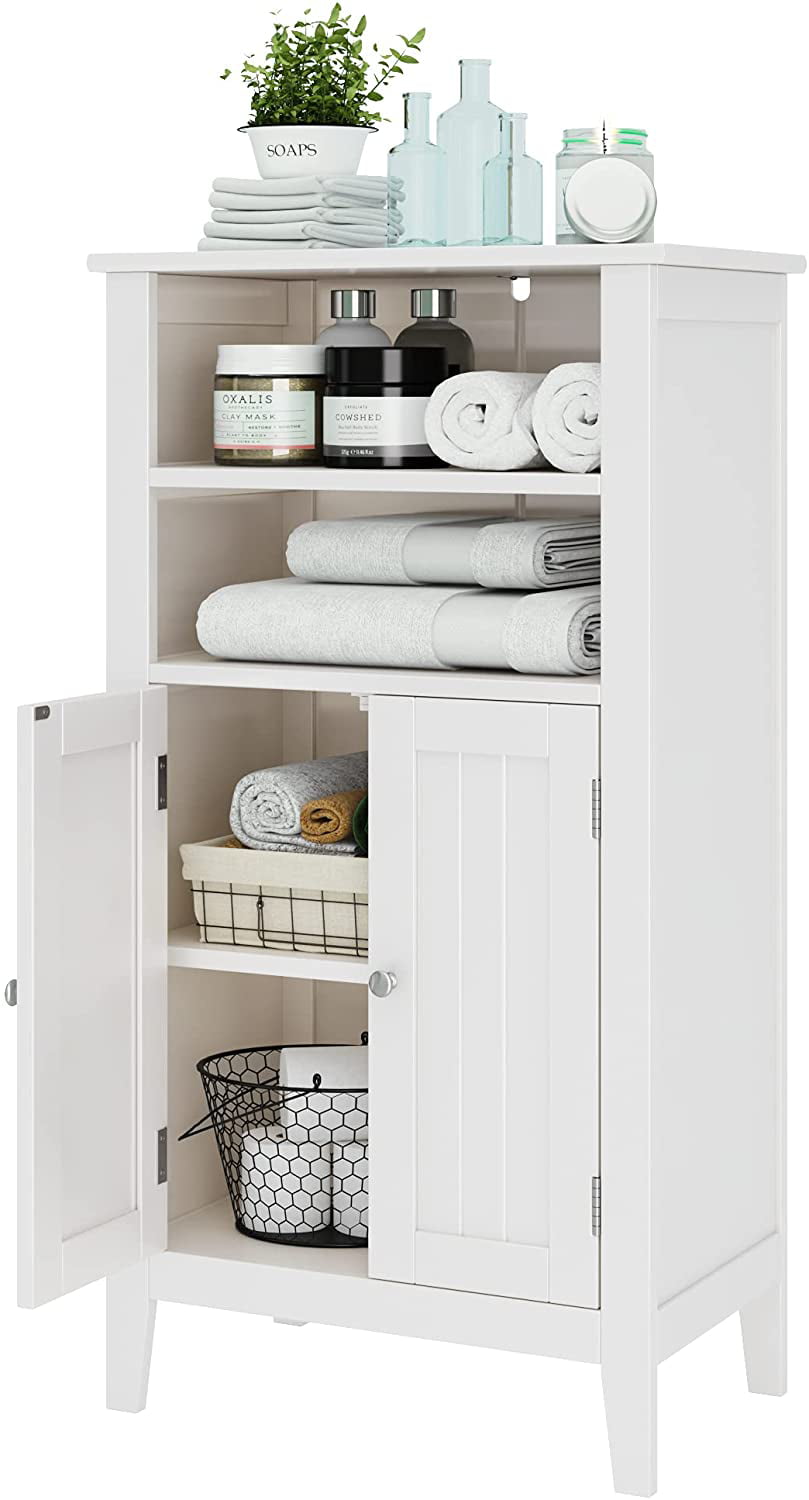 Homfa 2 Tier Shelves Bathroom Storage Cabinet, Wood Storage Floor Cabinet with 2 Doors, White