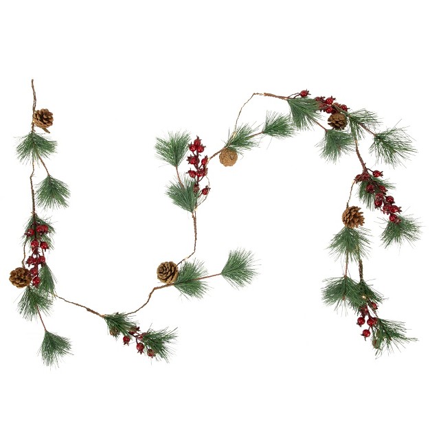 Northlight Pre lit Battery Operated Pine And Berry Christmas Garland 6 5 x27 Warm White Led Lights