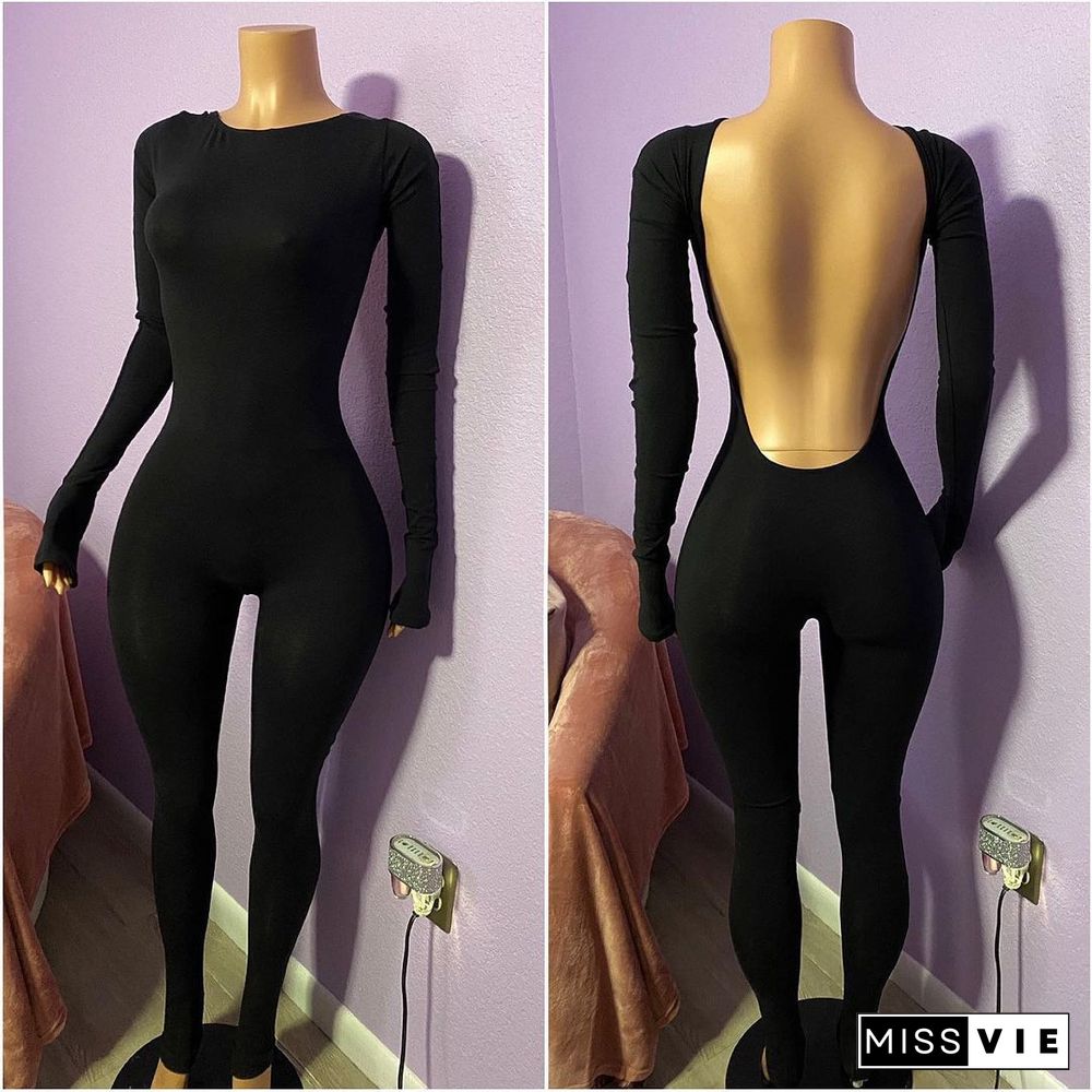 Sexy Solid Elastic Long Sleeve Back Hollow Out Bodycon Jumpsuit