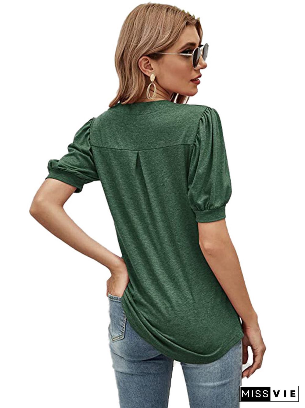 Simple Solid Color V-Neck Puff Sleeves T-Shirt Top