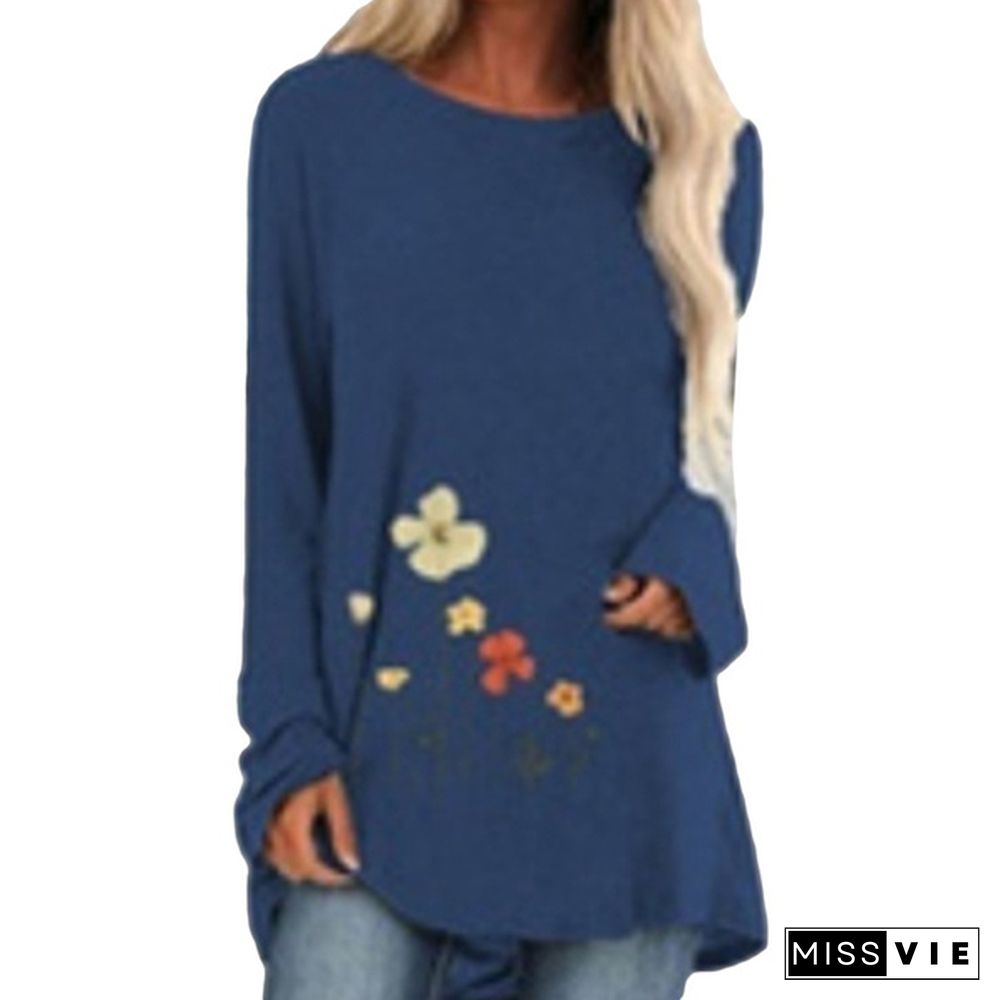 Spring and Autumn Plus Size Fashion Women Clothing Flowers Printed Casual T-shirt Ladies Long Sleeve Round Neck Pullover Tops