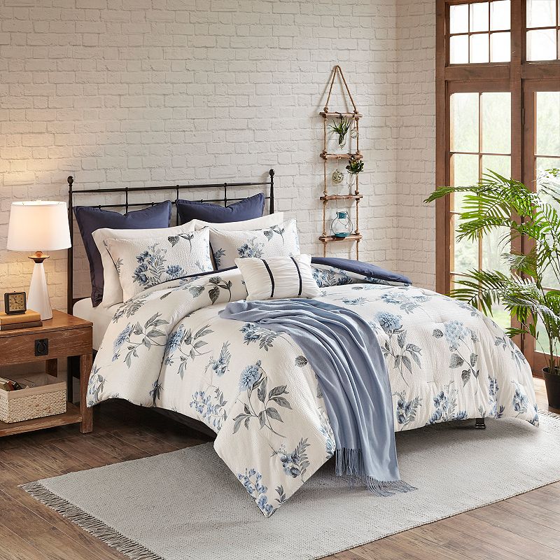 Madison Park Monah 7-Piece Printed Seersucker Floral Comforter Set with Throw Blanket