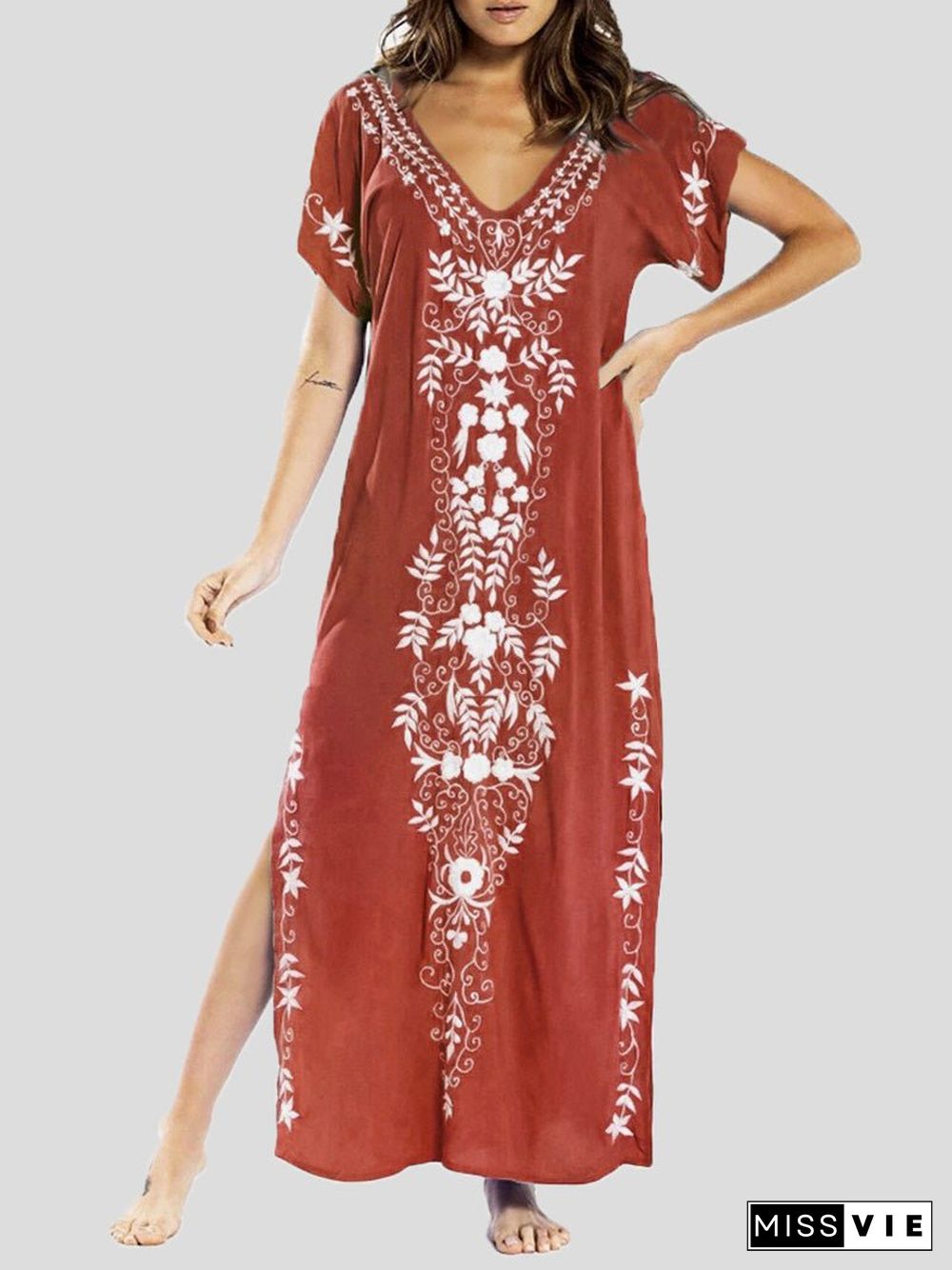 Women'S Dresses Loose V-Neck Vintage Print Slit Maxi Dress