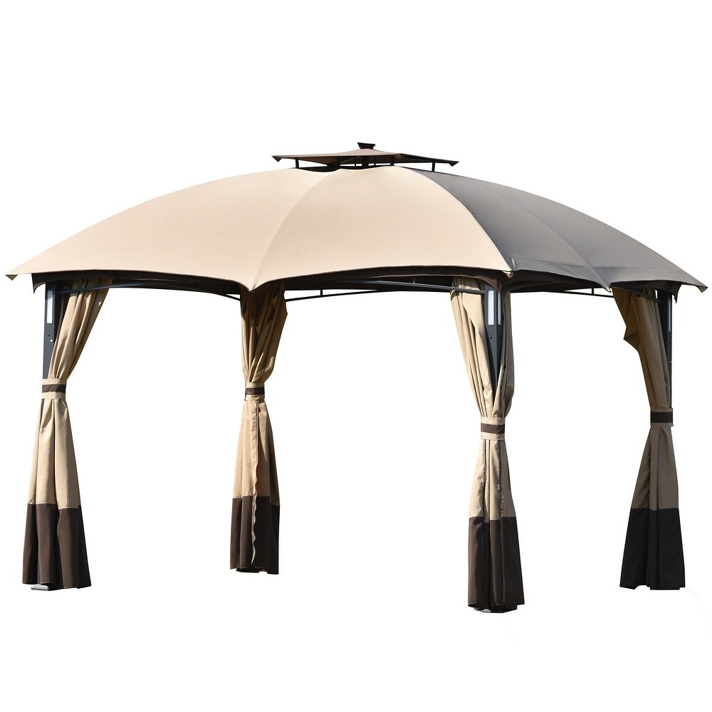 10ft * 12ft Double Vent Gazebo with Metal Frame Rectangular Canopy with Screen and LED Lights for Backyard and Poolside