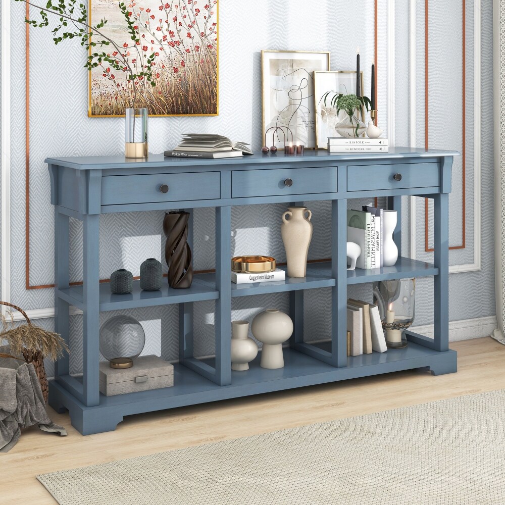 Console Table Sideboard with Open Shelves and Drawers Blue