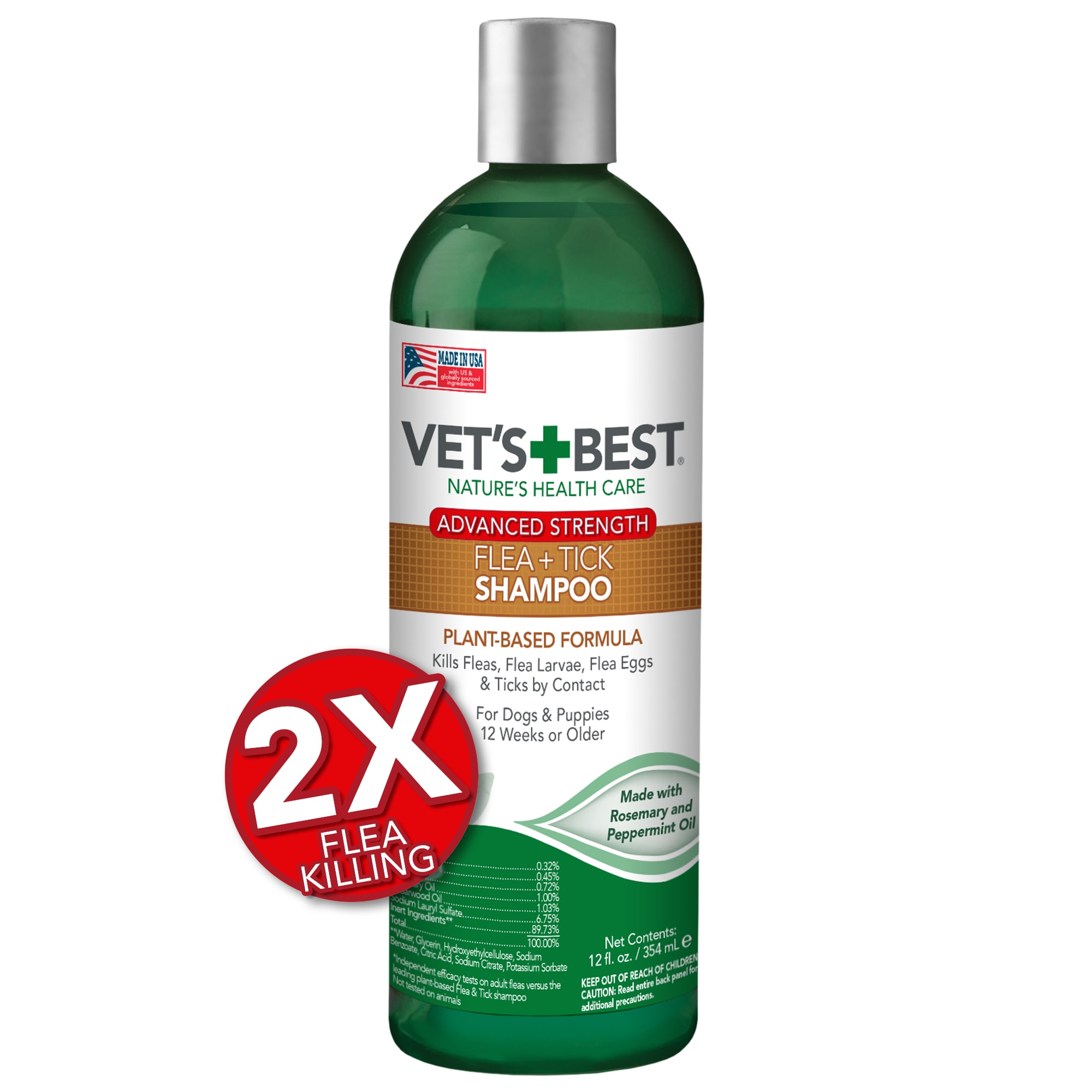 Vets Best Advanced Strength Flea + Tick Dog Shampoo， 12 fl. oz.