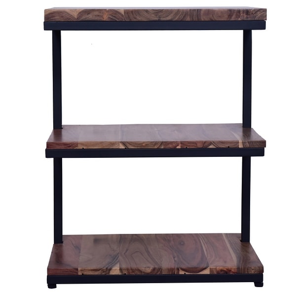 Industrial End Table with 3 Tier Wooden Shelves and Metal Frame， Brown and Black