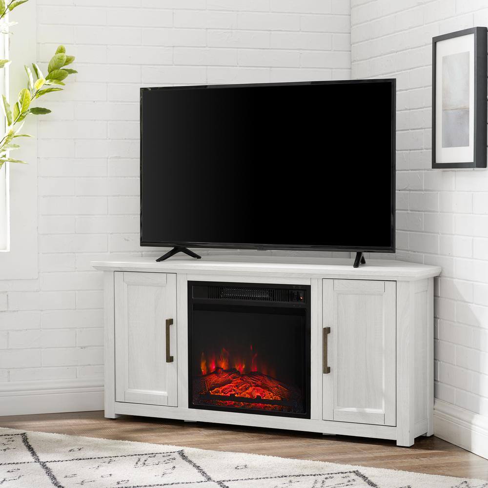 CROSLEY FURNITURE Camden Whitewash 48 in. Corner TV Stand with Fireplace Fits 50 in. TV with Cable Management KF100648WW