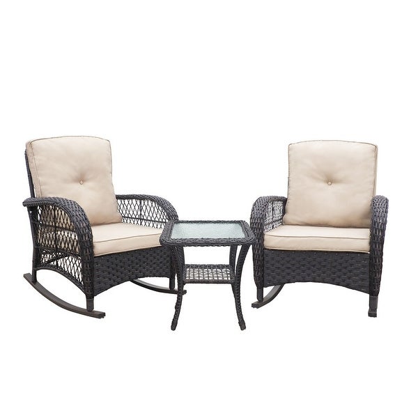 3-Pieces Conversation Set， Outdoor Wicker Rocker Swivel Patio Bistro Set， Rocking Chair with Glass Top Side Table for Garden - Overstock - 38006823