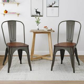 Costway Tolix Style Gun Metal Dining Side Chair Wood Seat Stackable Bistro Cafe (Set of 4) GHM0245GU