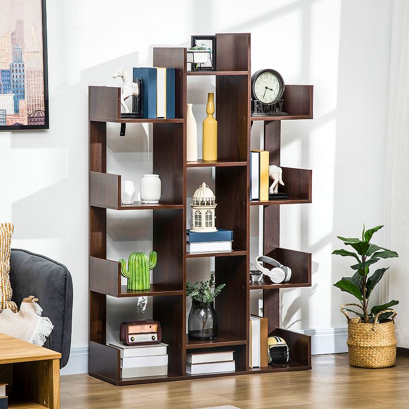 HOMCOM Tree Bookshelf， Modern Freestanding Bookcase with 13 Open Shelves， Display Unit for Living Room， Study， or Office， Brown