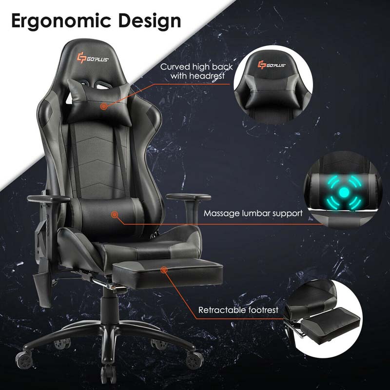 Massage Gaming Chair, Adjustable Ergonomic High-Back E-Sports Racing Chair, Swivel Office PC Chair with Footrest & Lumbar Support