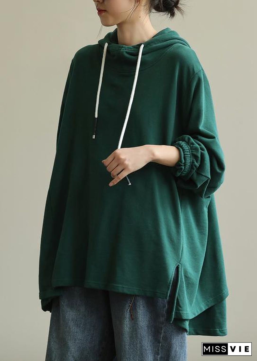 Unique green tunic pattern hooded drawstring Plus Size Clothing blouses