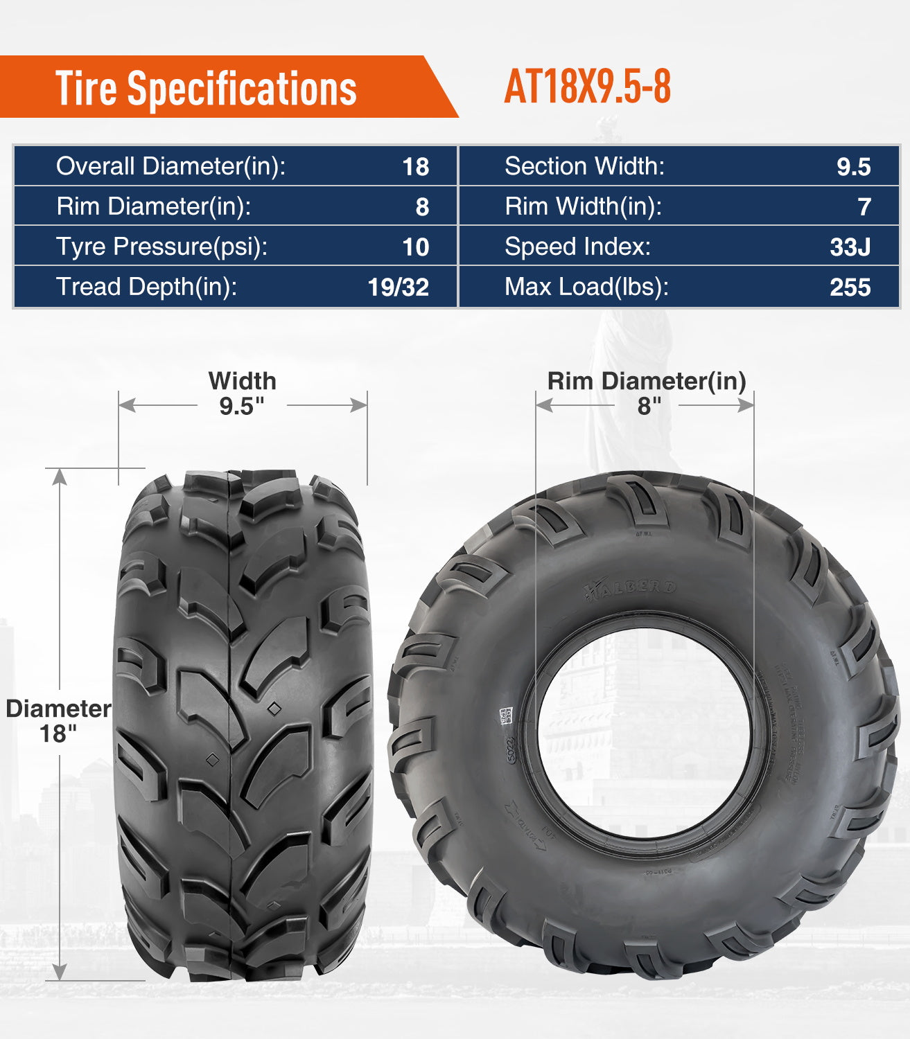 Halberd Upgrade  18x9.5-8 ATV Tires 4PR Heavy Duty 18x9.5x8 Tubeless Replacement Set of 2