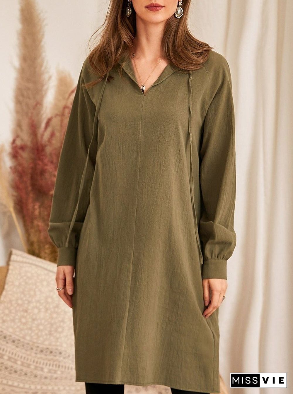 Pure Color Cotton And Linen Lace Casual Loose V-neck Puff Sleeve Dress Linen