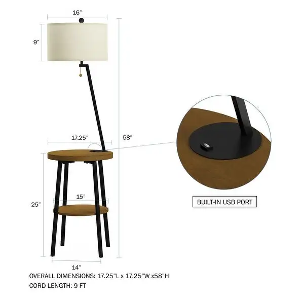 Lavish Home Floor Lamp with Side Table, USB Charging Port, Drum Shade - 58