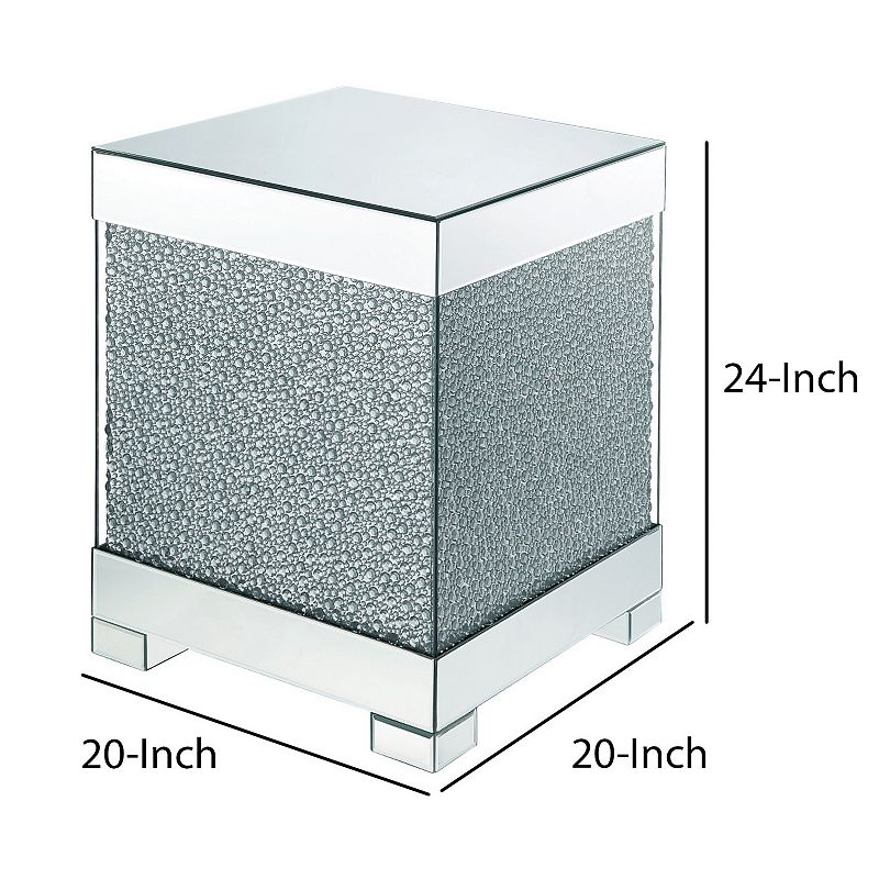 Contemporary Square Wooden End Table with Faux Crystal Inlays， Silver