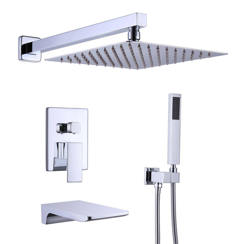 GIVING TREE 2-Spray 12 in. Square Rain Shower Head with Hand Shower and Waterfall Tub Faucet in Chrome (Valve Included) HDYN-MM0029