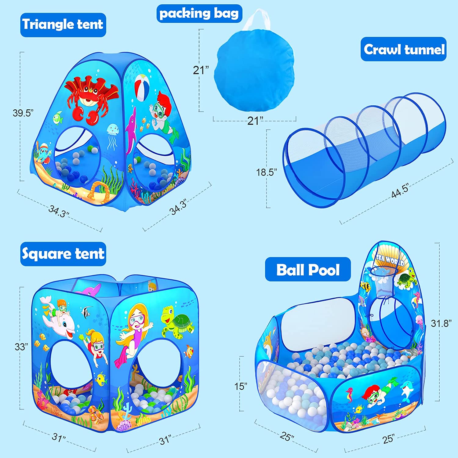 5 Piece Kids Play Tent and Play Tunnel for Toddler, Premium Ocean Kids Playhouse with 1 Baby Ball Pit, 2 Kids Play Tunnels, 2 Pop Up Tents, Kids Toys for Indoor and Outdoor Play