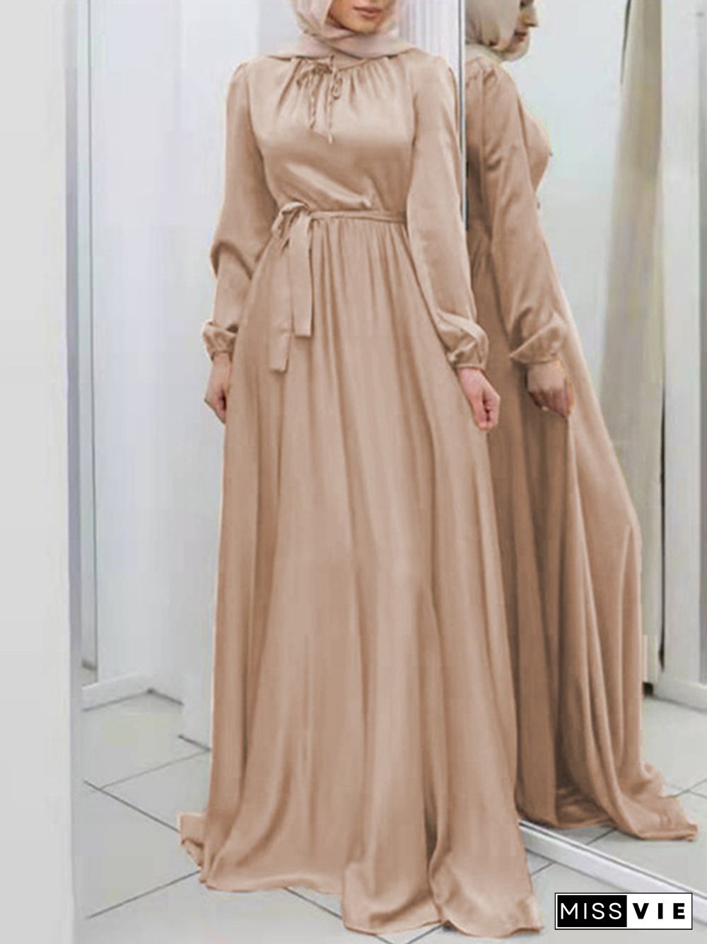 Long Sleeves Loose Pleated Solid Color Tied Waist Maxi Dresses