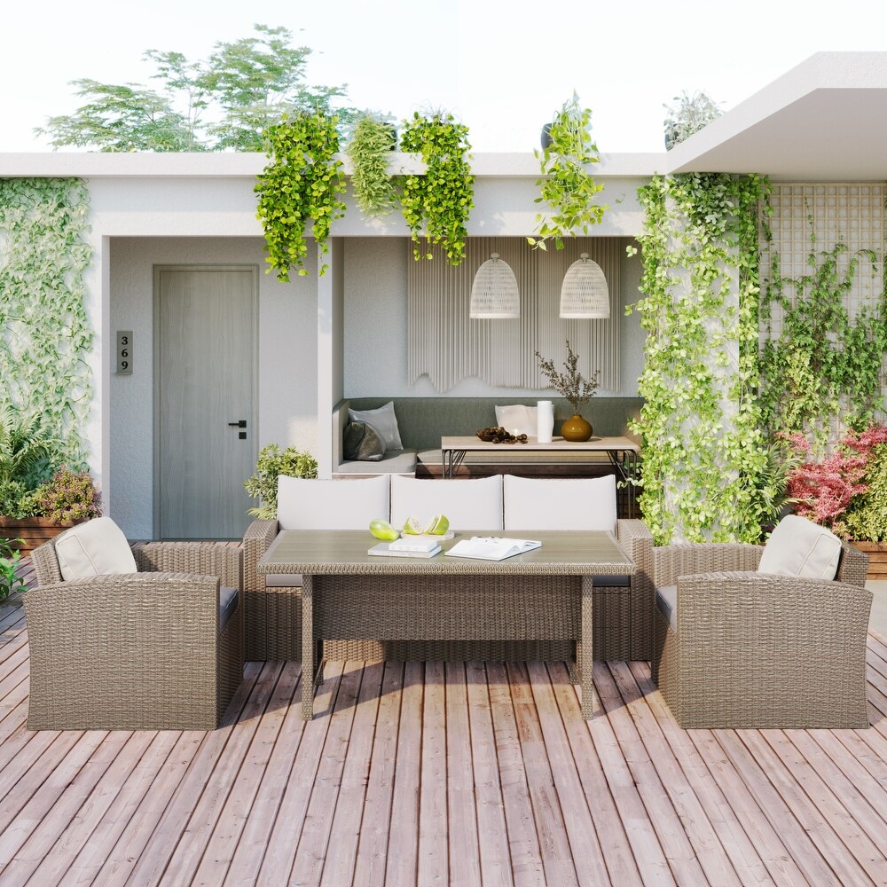 4 Piece Outdoor Patio Furniture Set  PE Rattan Wicker Sofa Set Conversation Set with Soft Seat Cushions and Center Table