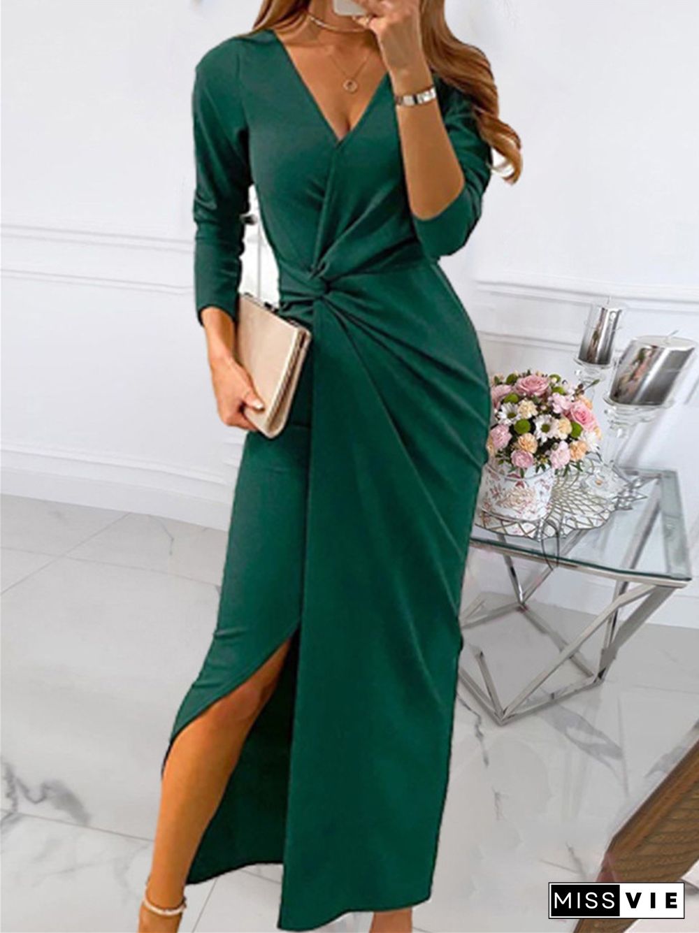 Solid Color Wrapped Chest Long Temperament Commuter V-neck Dress