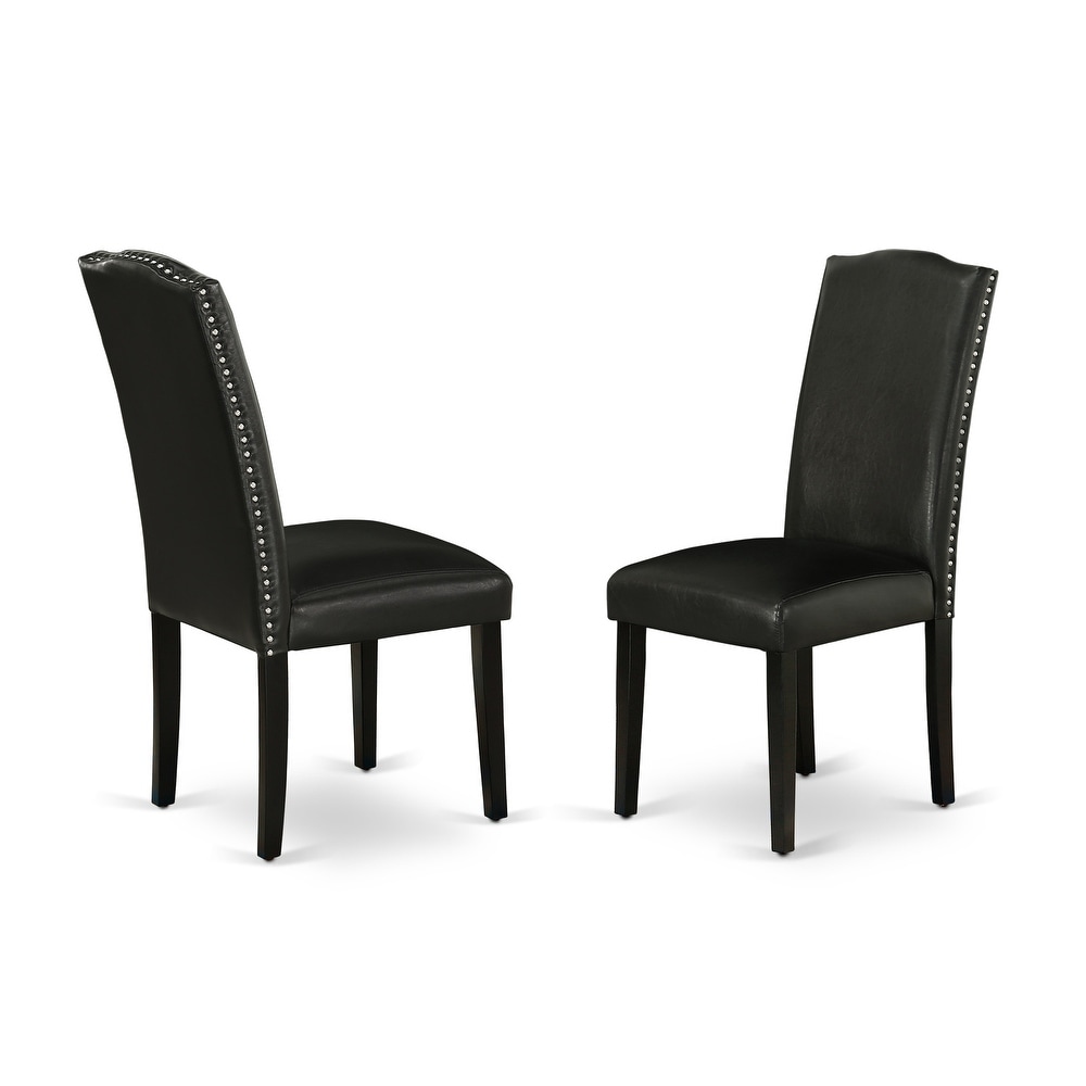 East West Furniture Encinal Parson Dining Room Chairs   Nailhead Trim Black Faux Leather Padded Chairs  Set of 2  Black