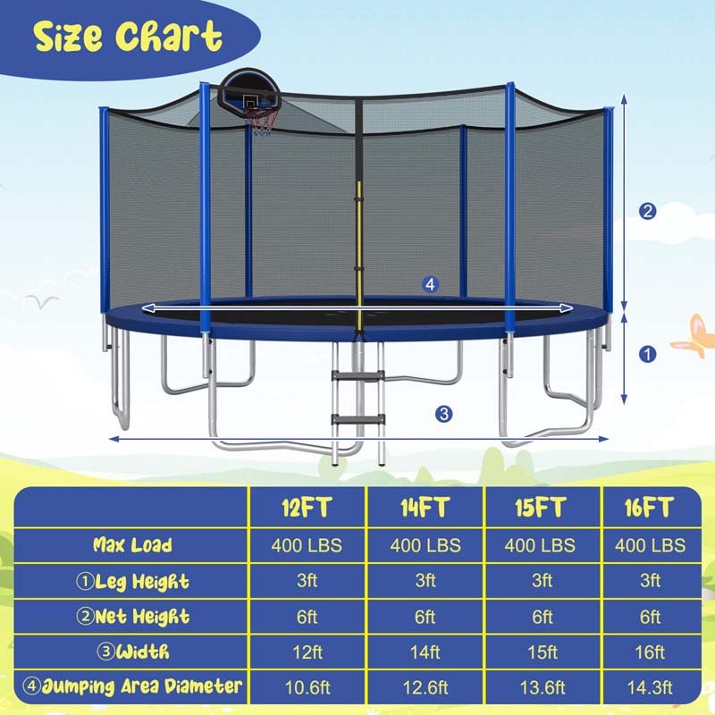 12/14/15/16 FT ASTM Approved Outdoor Recreational Trampoline with Basketball Hoop & External Enclosure Net