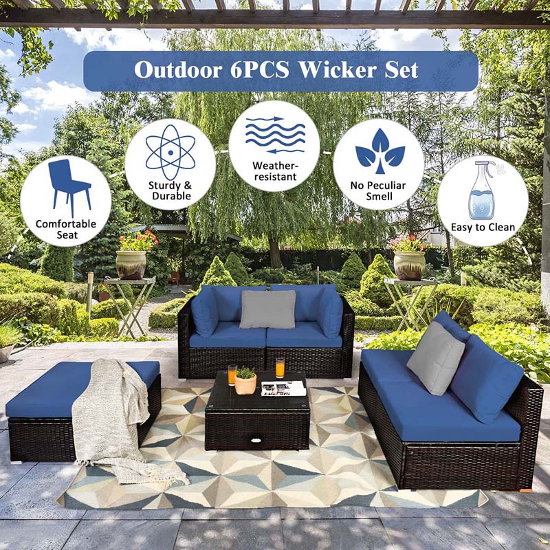 6 Pcs Outdoor Rattan Sectional Sofa Set with Coffee Table & Removable Seat & Back Cushions