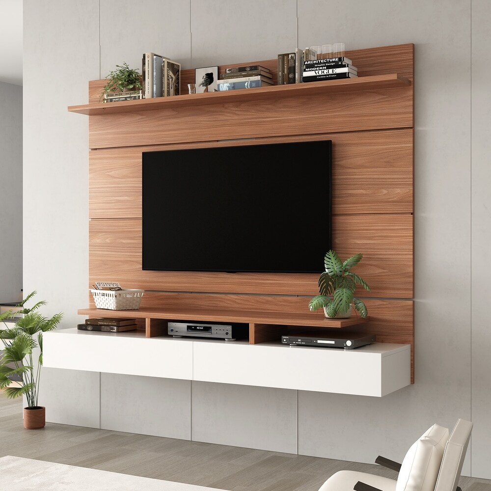 Wall Mounted Floating 80'' Relief TV Stand  Modern Entertainment Center with 2 Drop Down Doors and Multi Purpose Cabinet