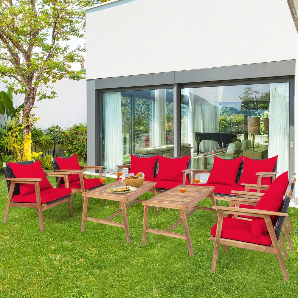 Gymax 8PCS Patio Conversation Set Wood Frame Furniture Set w/ Red   See Details