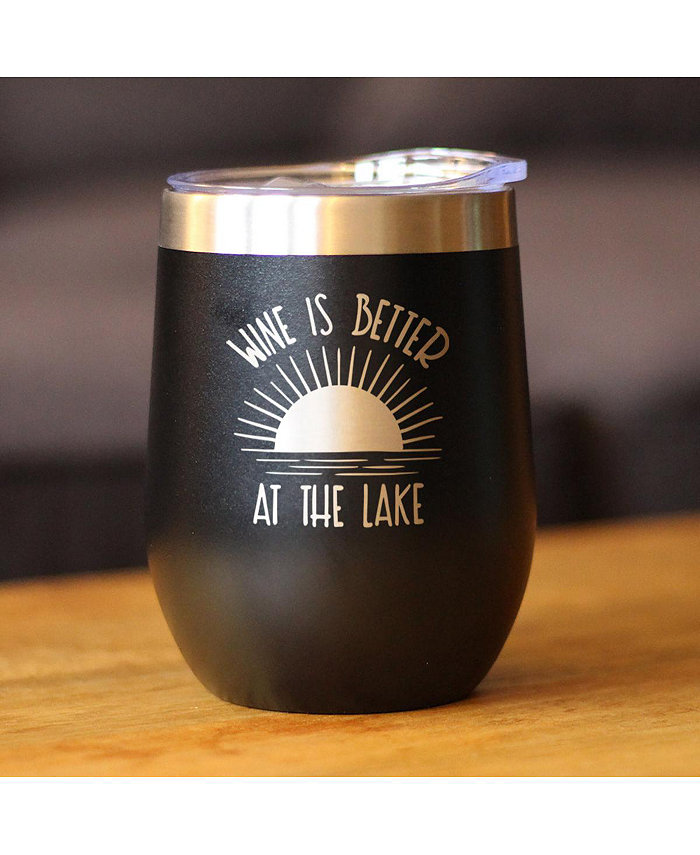 Bevvee Wine is Better at the Lake - Wine Tumbler Glass with Sliding Lid - Stainless Steel Insulated Mug - Fun Lake House Themed Decor