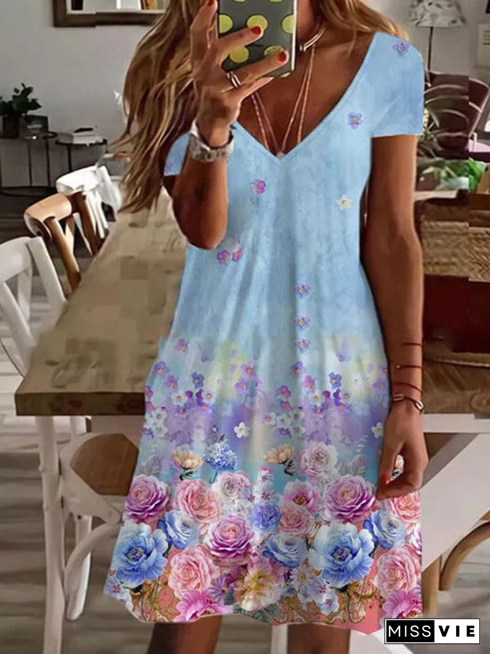 Summer Boho Mini Dresses Women Vintage Casual V Neck Short Sleeve Dress Female Sexy Floral Print Beach Party Dress Vestidos