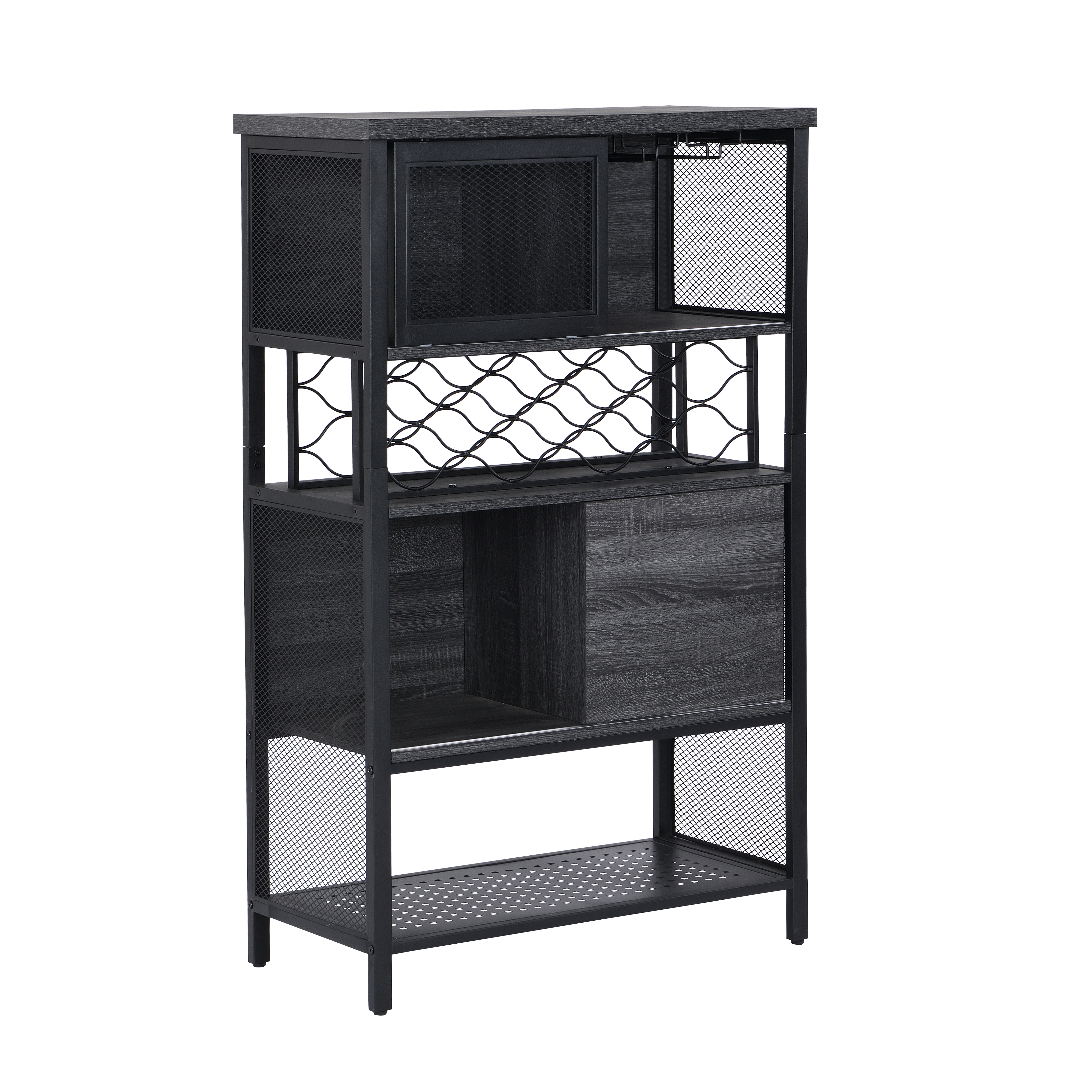 Bar Cabinet with Wine Storage， Free Standing Wine Rack w/ 5-Tier Shelves， Kitchen Storage Cabinet with Sliding Door， 6 Glass Holder， 11 Bottle Racks， Mesh Shelf， Gray