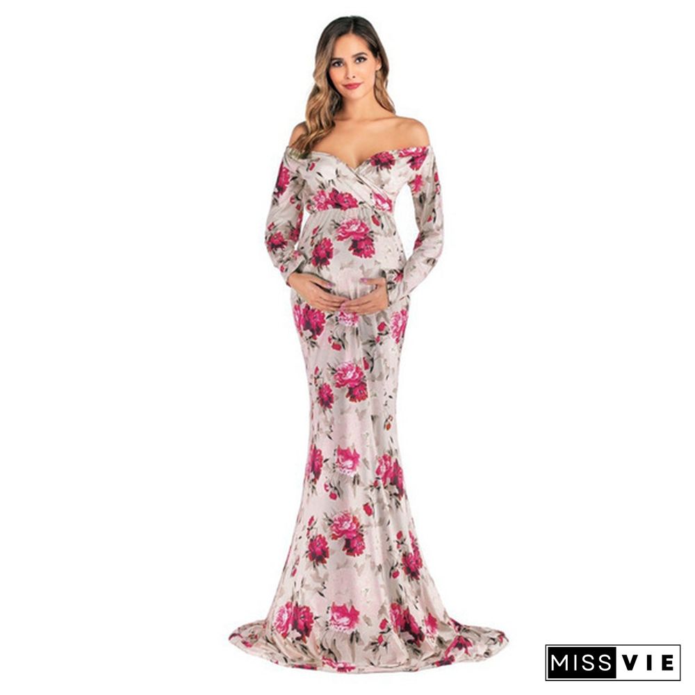 Off Shoulder Bohemian Flower Dress Pregnant Women Maternity Clothes Photography Prop Ladies Summer Casual Party Slim Dresses Pregnancy Full Dress