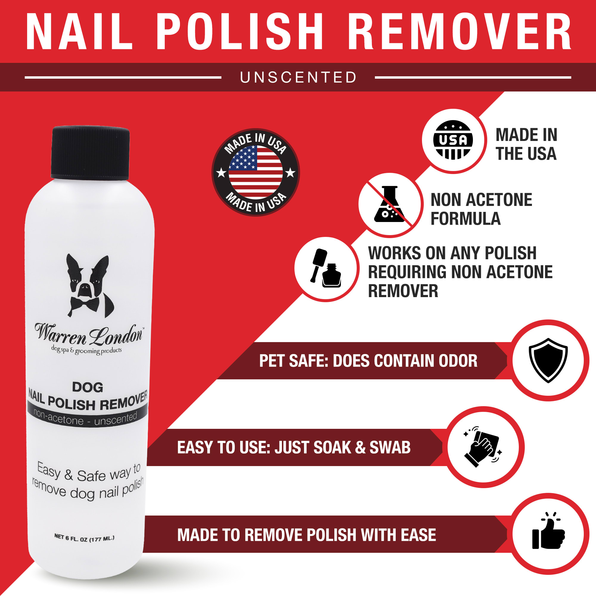 WARREN LONDON Dog Nail Polish Remover with Non Acetone Formula， 6 fl. oz.