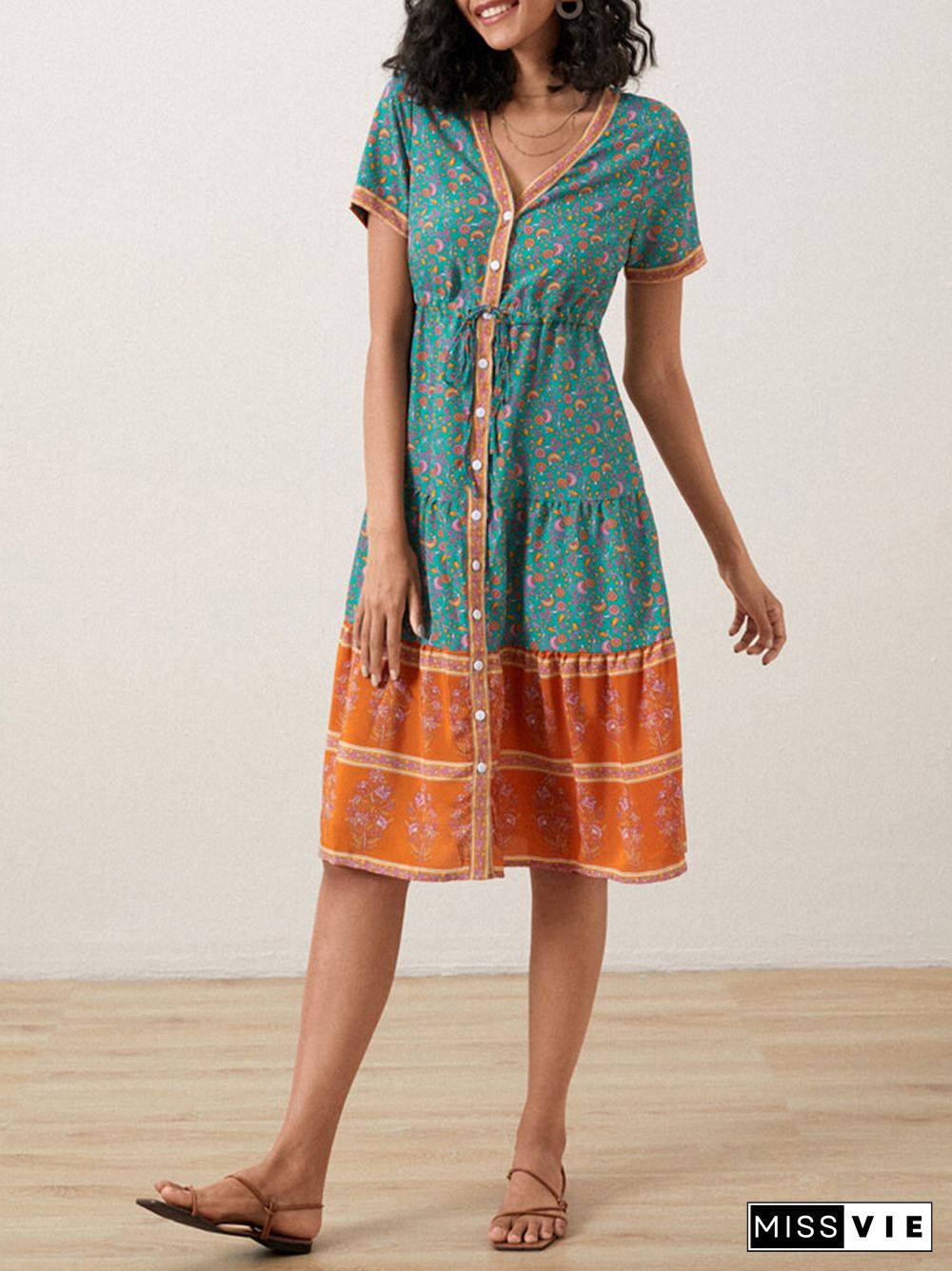 Bohemian Floral Print Drawstring Waist Button V-neck Chiffon Dress