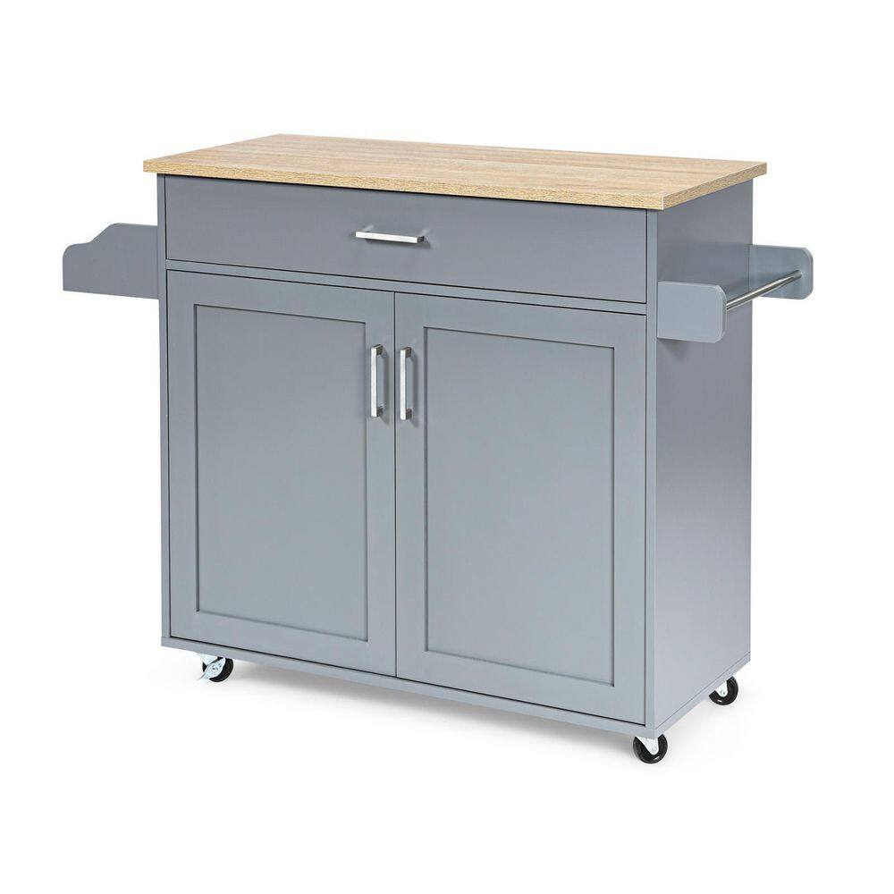 Costway Rolling Kitchen Gray Island Cart Storage Cabinet with Towel and Spice Rack KC51983GR