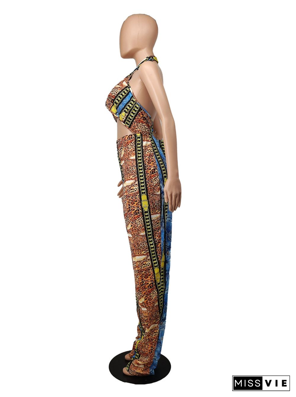 Printed Cross Wrap Halter Crop Top Wide Leg Pants Set