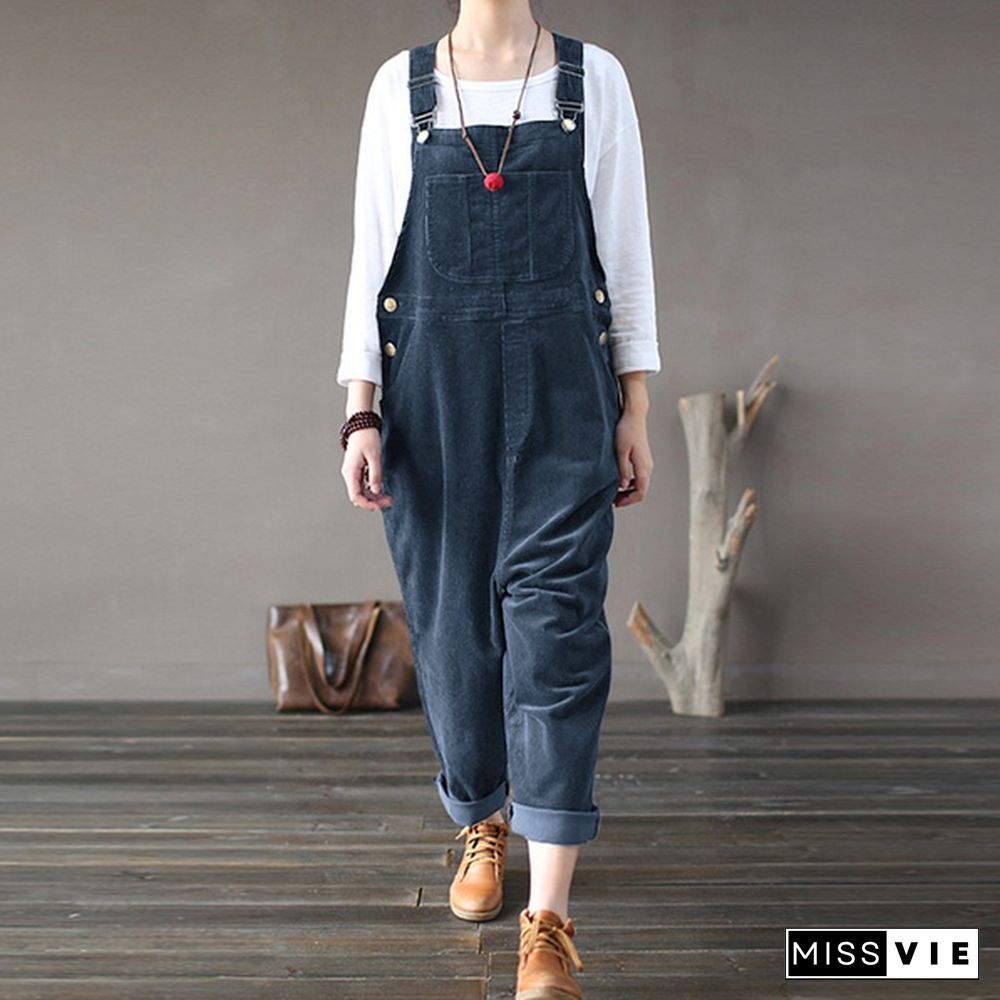 Corduroy Jumpsuits Women Strappy Casual Loose Dungaree Bib Cargo Pants Overalls