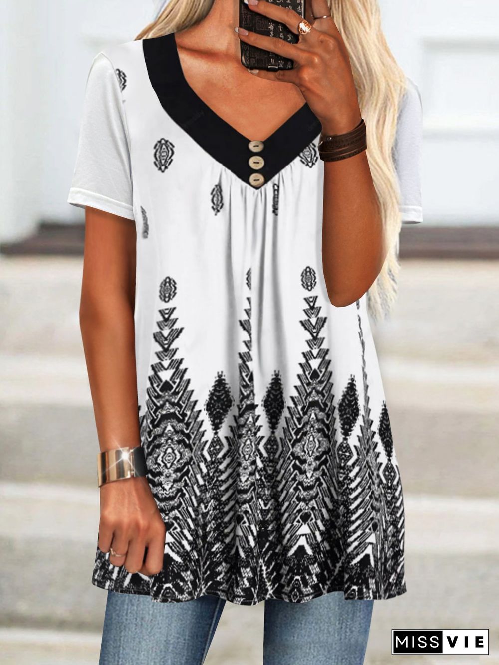 Geometric Tribal Printed Casual V Neck Loosen Plus Size Short Sleeve T-Shirt